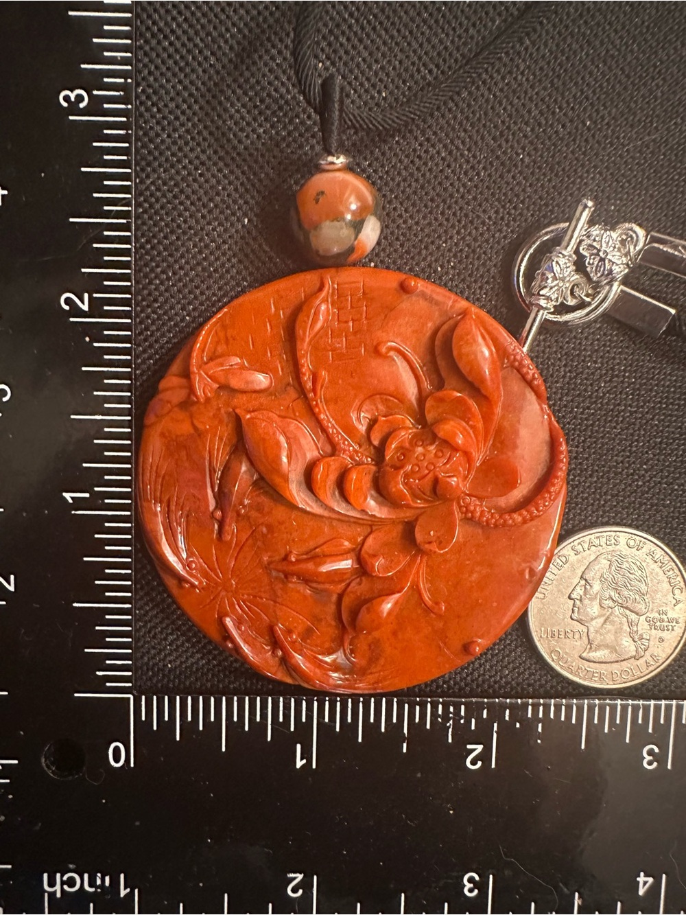 Large Round Red Agate Lotus and Dragonfly Pendant Necklace on Black Rope - Picture 13 of 13